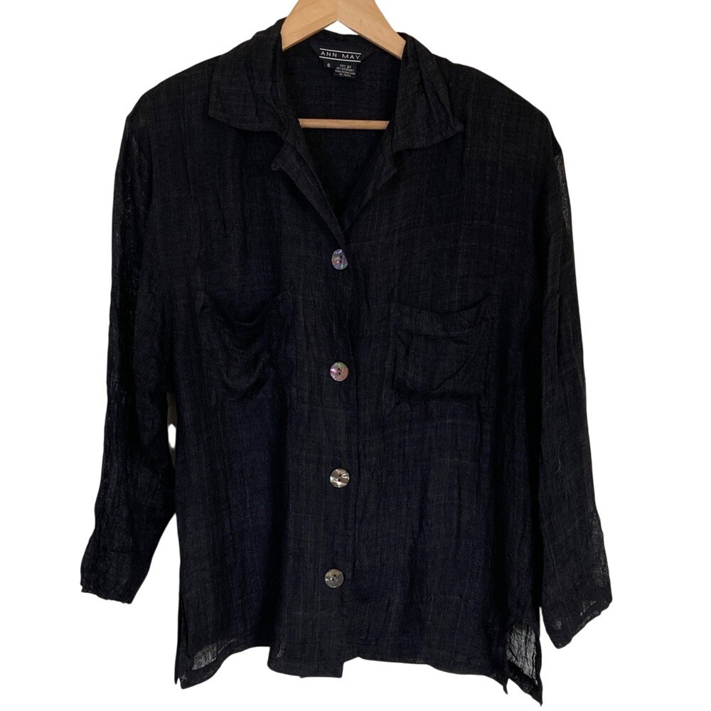 VTG  Ann May Womens Sheer Silk Button Front Blouse Size Small Long Sleeve Classy